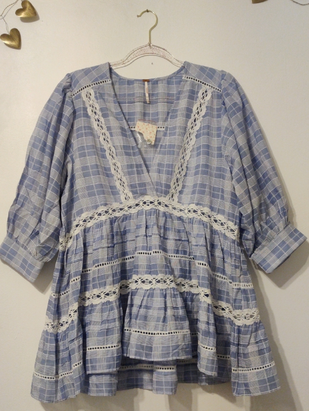Free People Light Blue Plaid Peasant Blouse